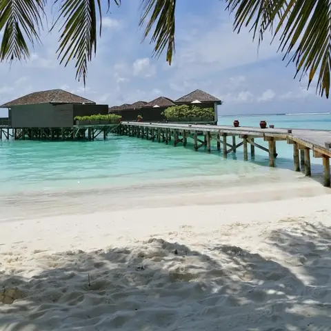 Strand unter Palmwedeln mit Blick auf einen Holzsteg und Wasservillen in der Lagune