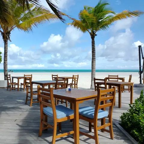 Restaurantterrasse mit Holztischen und Stühlen unter Palmen direkt am Strand