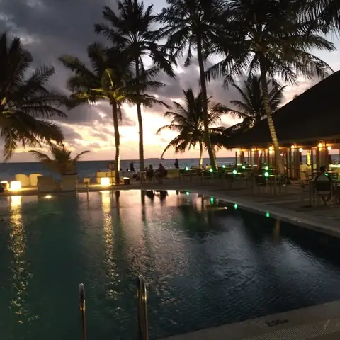 Pool mit Spiegelungen von Palmen und Lichtern vor einem Gebäude in der Abenddämmerung