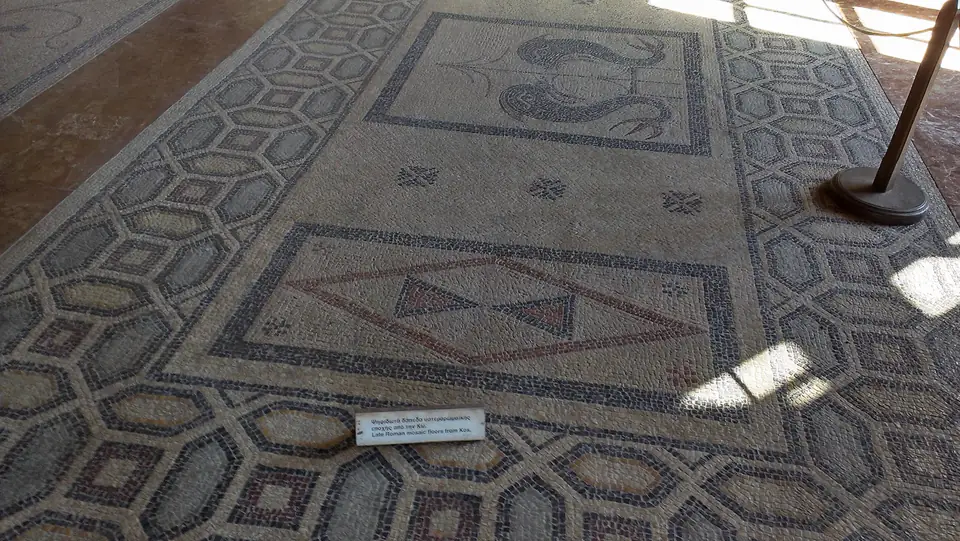 Bodenmosaik mit zwei Delfinen und geometrischen Schmuckbändern neben einem Museumsschild