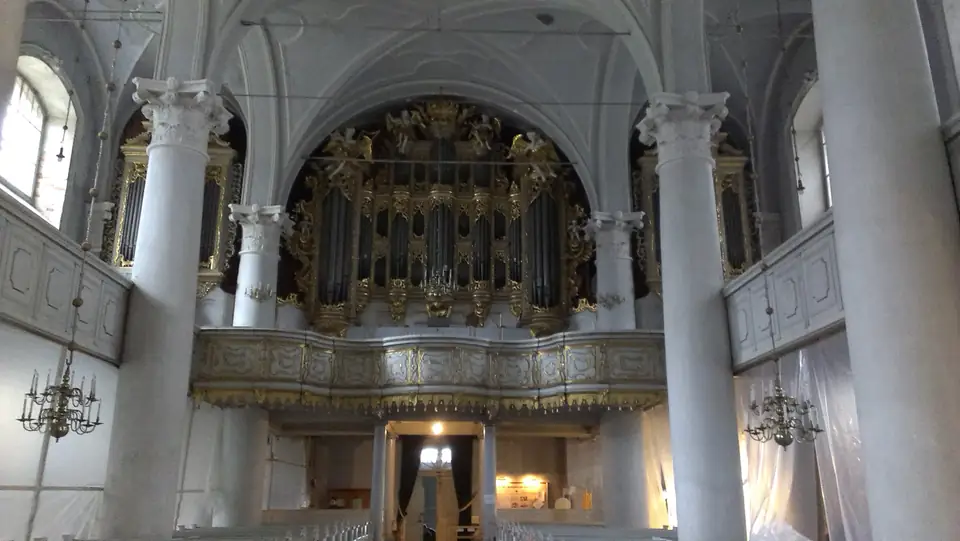 Große Orgel mit vergoldetem Prospekt über einer weißen Empore