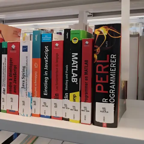 Regalbrett mit Programmierbüchern zu Java, JavaScript, MATLAB und Perl