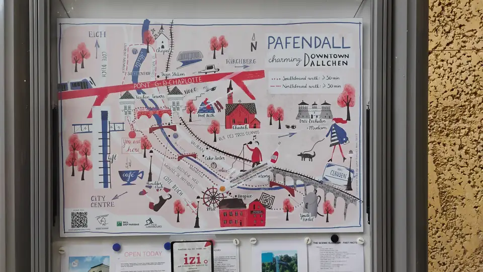 Gezeichneter Stadtplan in einem Schaukasten mit der Überschrift Pafendall