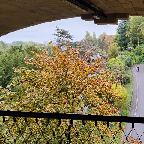 Blick von oben durch einen Brückenbogen auf einen Weg durch ein grünes, herbstliches Tal