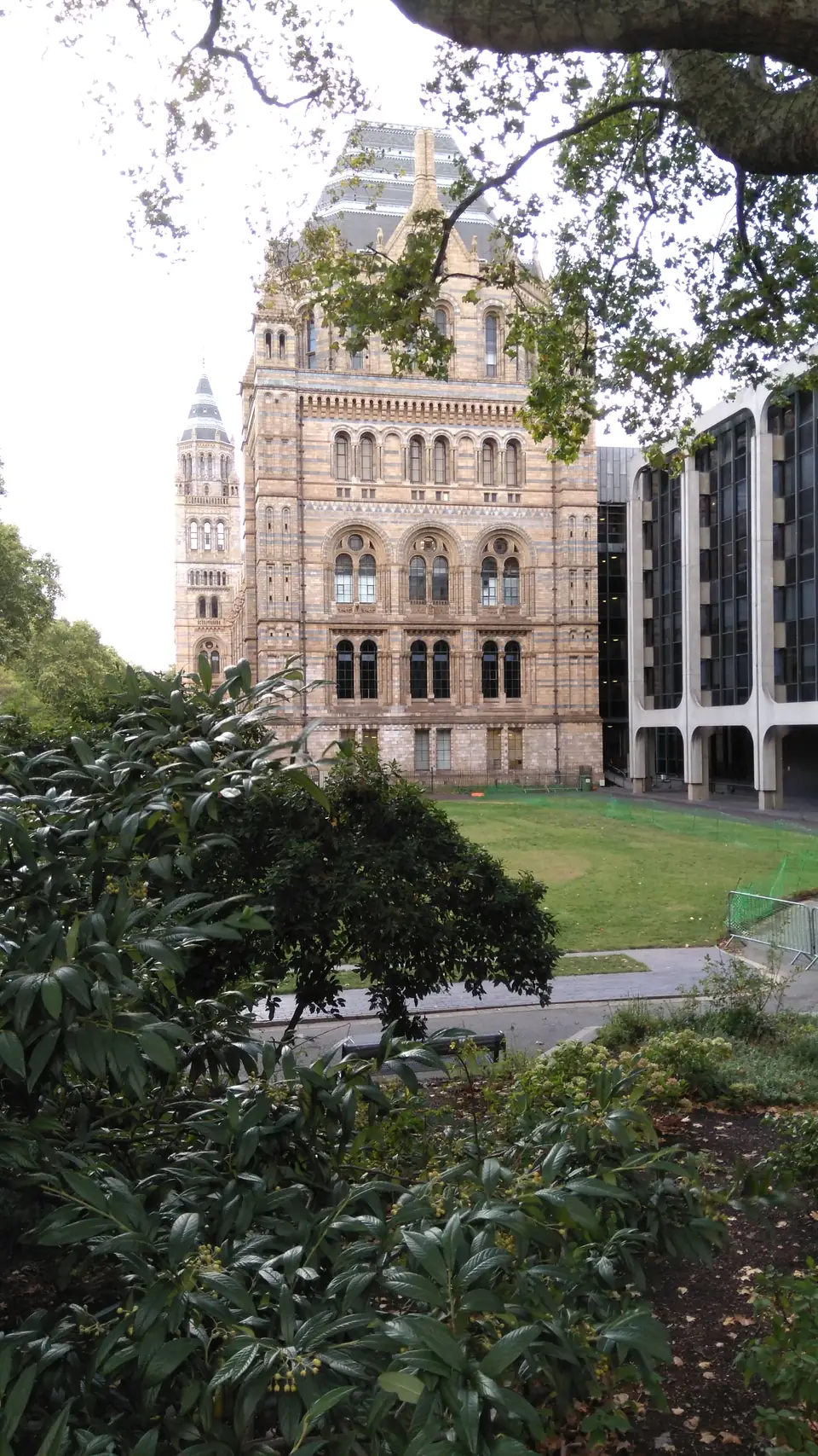 Außenansicht des Natural History Museum mit reich gegliederten Fassaden und Türmen zwischen benachbarten Gebäuden