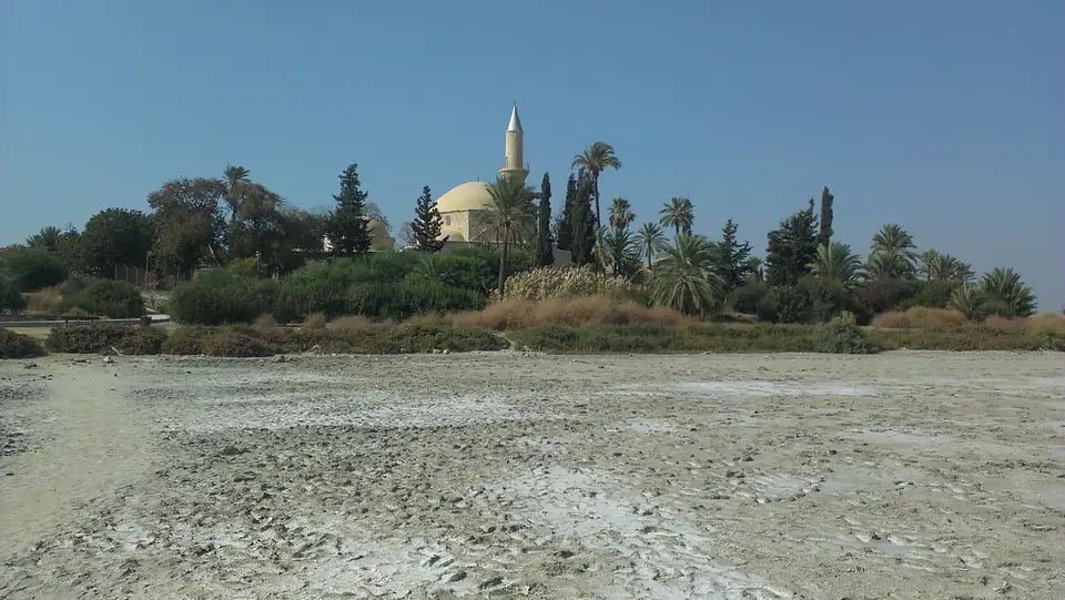 Kuppel und Minarett einer Moschee hinter Palmen am ausgetrockneten Salzsee
