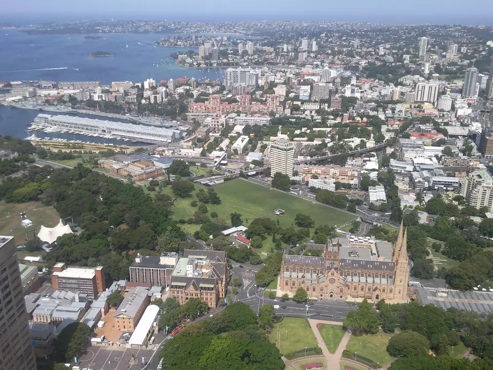 Blick vom Sydney Tower über St. Mary’s Cathedral, The Domain und Woolloomooloo Bay