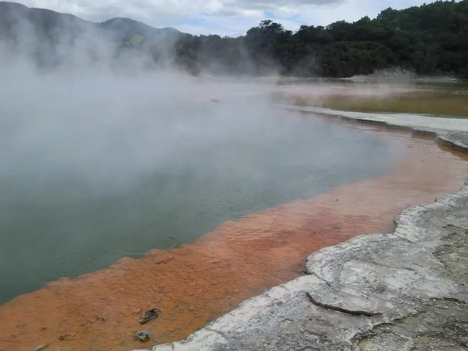 Dampfendes Wasser des Champagne Pool mit orangefarbenen Mineralablagerungen am Ufer