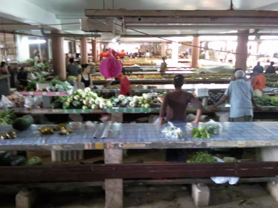 Marktstände mit Gemüse, Obst und Kundschaft in der überdachten Halle des Talamahu Market