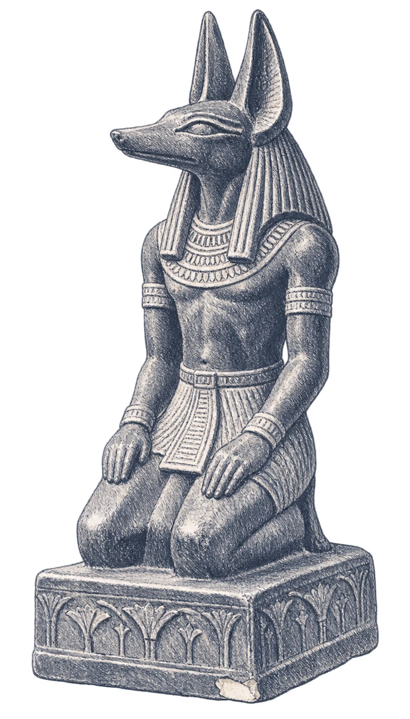 Illustration: Kniende Anubis-Statue aus dunklem Stein auf einem verzierten Sockel; an einer abgeplatzten Ecke des Sockels schimmert helles Material durch