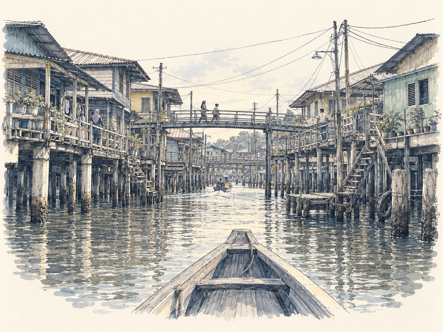 Illustration: Blick vom Boot auf Stelzenhäuser und Holzstege entlang eines ruhigen Kanals.