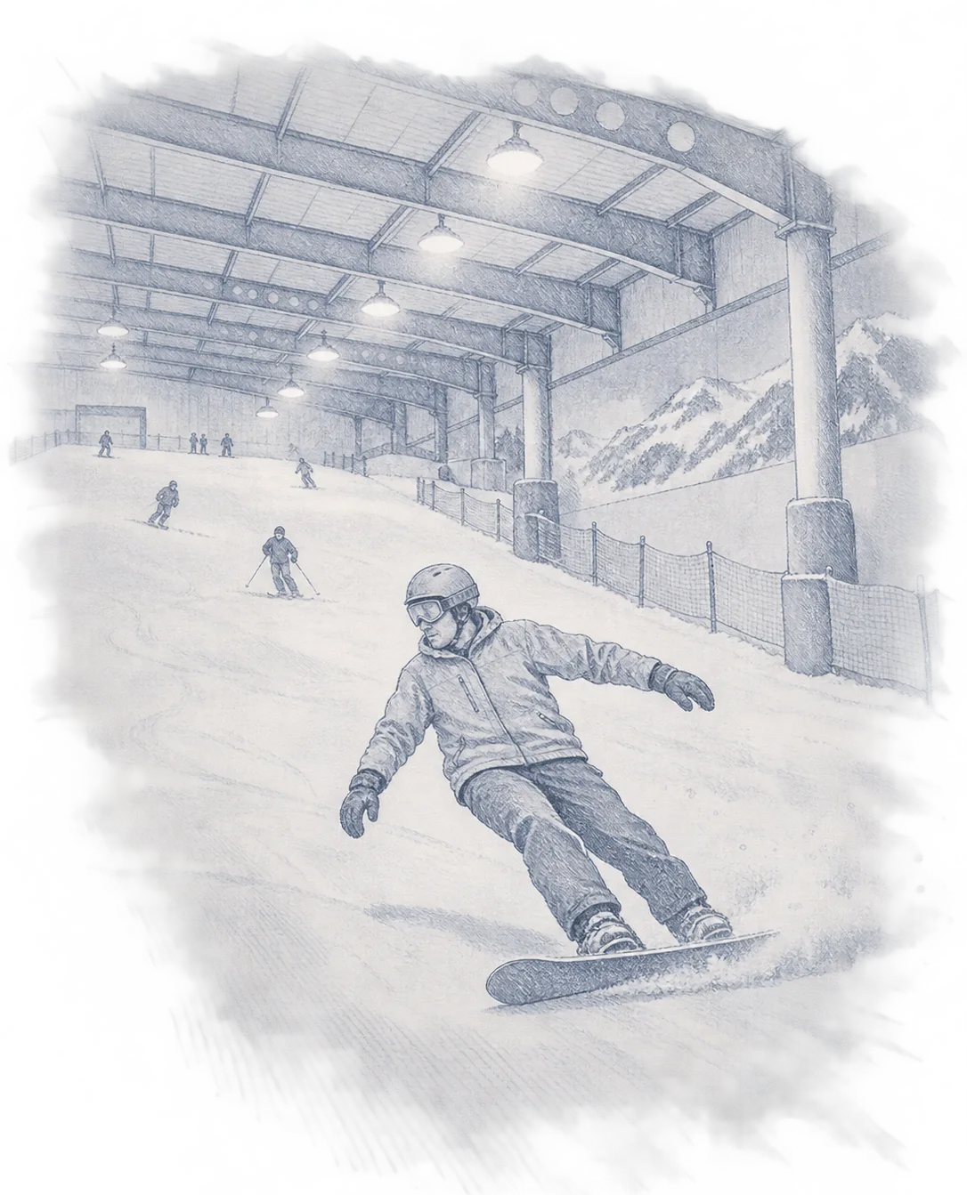 Illustration: Ein Snowboarder mit Helm und Brille fährt auf der Kante einen Hallenhang hinunter, hinter ihm Skifahrer, Stahlträger, Hallenlampen und ein Bergpanorama an der Wand