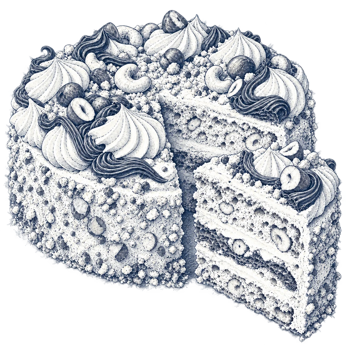 Illustration: Eine Kiewer Torte mit Baiserrosetten, Haselnüssen, Cashewkernen und Schokoladencreme, aus der ein Stück herausgelöst ist und die Schichten zeigt