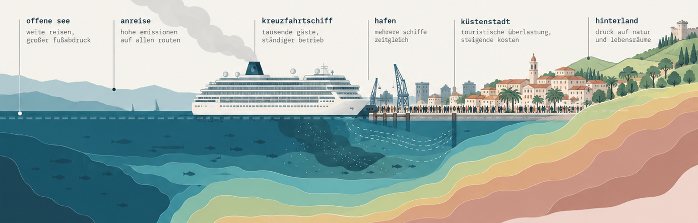 Illustration: Ein Kreuzfahrtschiff zwischen offener See und Küstenstadt – von der Anreise über den Hafen bis ins Hinterland wirken Emissionen, Überlastung und Druck auf Natur und Lebensräume.