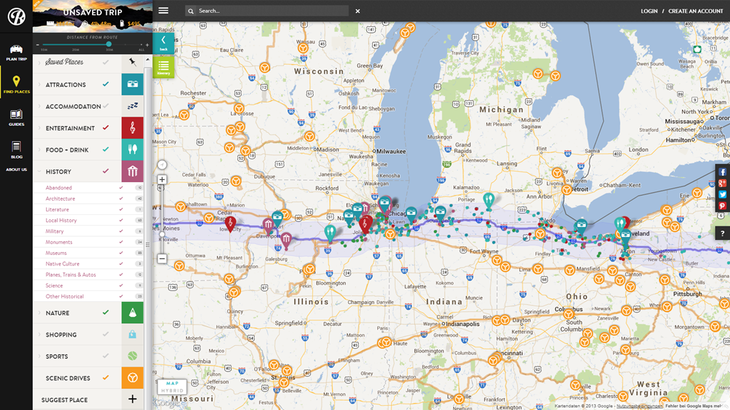 Screenshot von Roadtrippers: Karte mit einer Route und Sehenswürdigkeiten entlang der Strecke